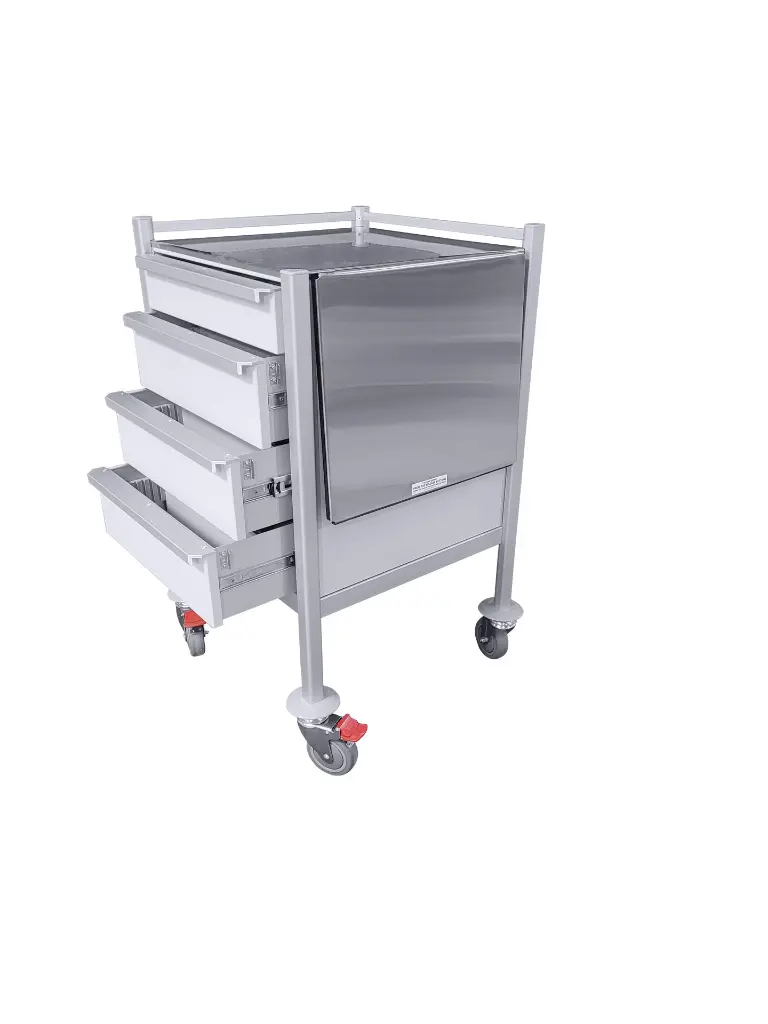 Tasman Medical Trolley MP-5353-1S-3M-SST with flap down drawers open.webp