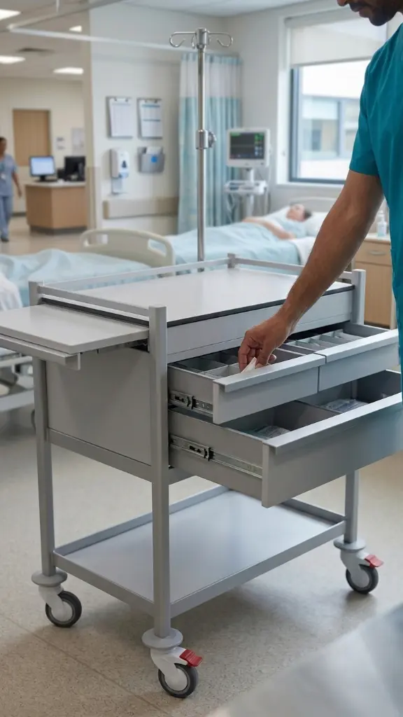 Emergency Trolley, 3 drawers, shown in a general hospital ward.webp