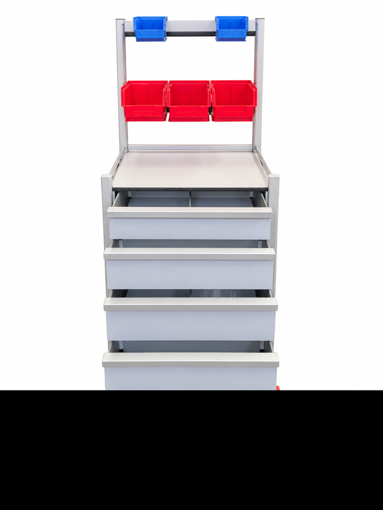 Tasman Medical Anaesthetic Trolley AT-5353-1S-4M-UP - front drawers open with bins