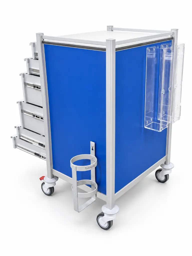 AC-6853 airway cart, rear angle showing accessories and open drawers