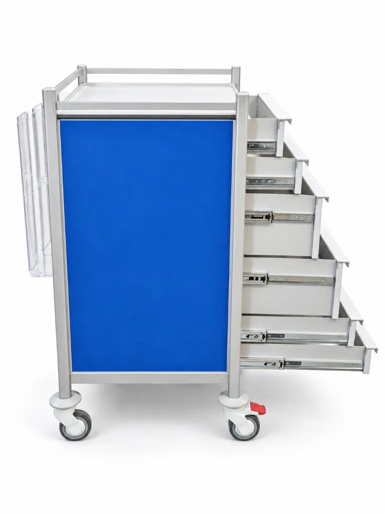 AC-6853 airway cart, side view with drawers open
