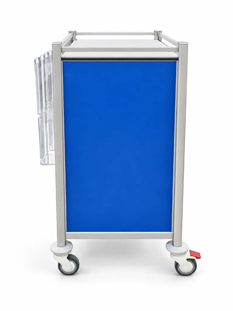 AC-6853 airway cart, side view with drawers closed and clear organisers