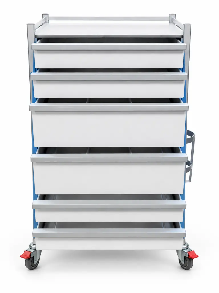 AC-6853 airway cart, front view with all six drawers open