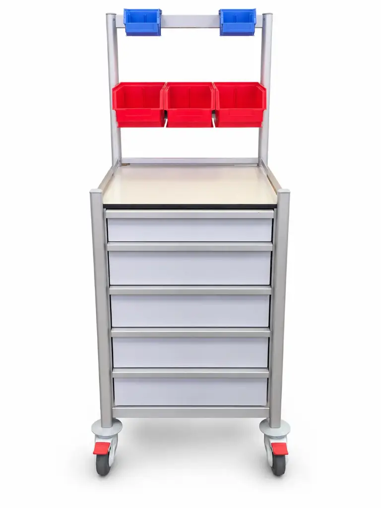 Anaesthetic Trolley, 530W, 530D, 911H, 5 Drawer (1S,4M), Up stand