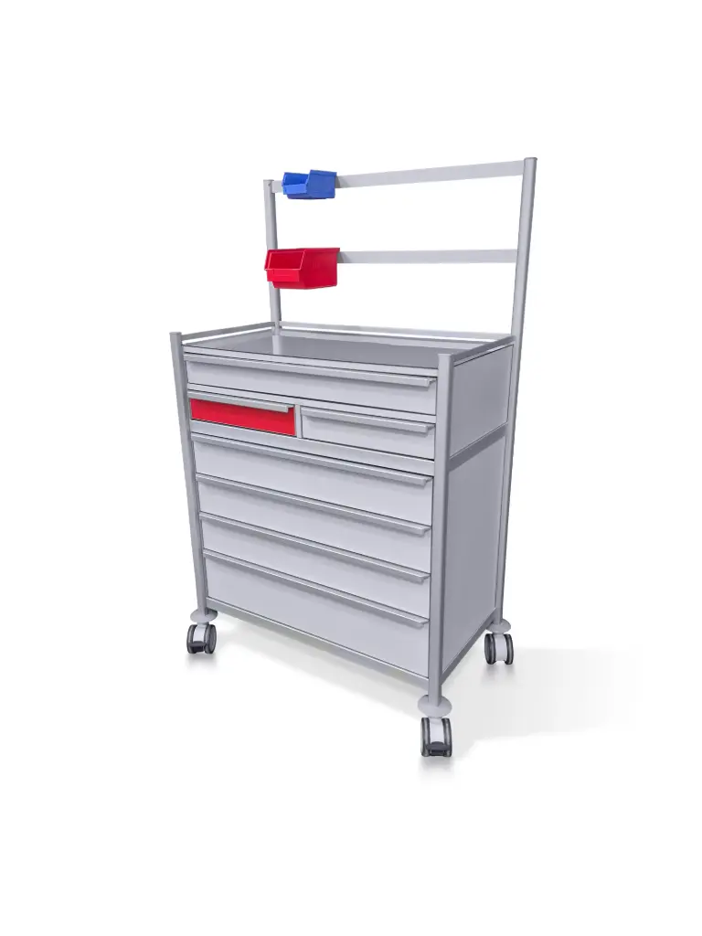 Anaesthetic Trolley, 960W x 530D x 1630H mm, 7 Drawer, up stand