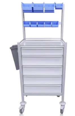 Anaesthetic Trolley, 630W, 530D, 1035Hmm, 5 Drawer, 500mm UP stand bins