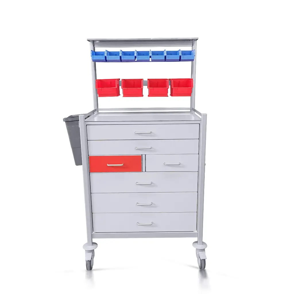 Anaesthetic Trolley, 780W x 530D x 1038H mm, 7 Drawer upstand, bins, single lock