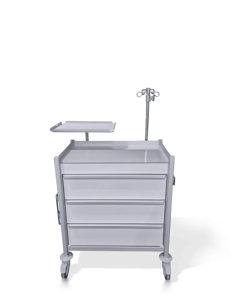 Emergency Trolley, 780W, 480D, 1010H mm, 3 drawers, pull-out left or right, lock options, O2 Holder, IV Pole, defib tray